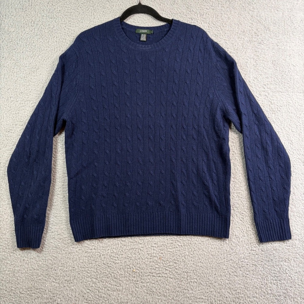 J Crew Navy Blue Cable Knit Wool Cashmere Blend Sweater Mens L Warm Cozy Preppy